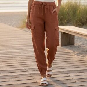 100% Linen Relaxed Fit Jogger Pants Brown Rust Natural Fiber Coastal Size XS